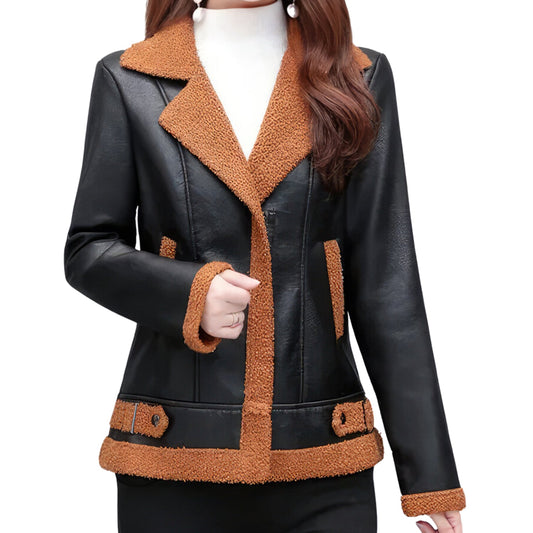 Women’s Black Bomber Genuine Sheepskin Sherpa Shearling Faux Fur Lined Winter Warm Fashion Chic Slim Fit Leather Jacket