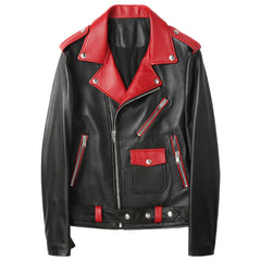 Men's Black Sheepskin Leather Biker Jacket - Lapel Collar, Asymmetric Zip-Up, Slim Fit