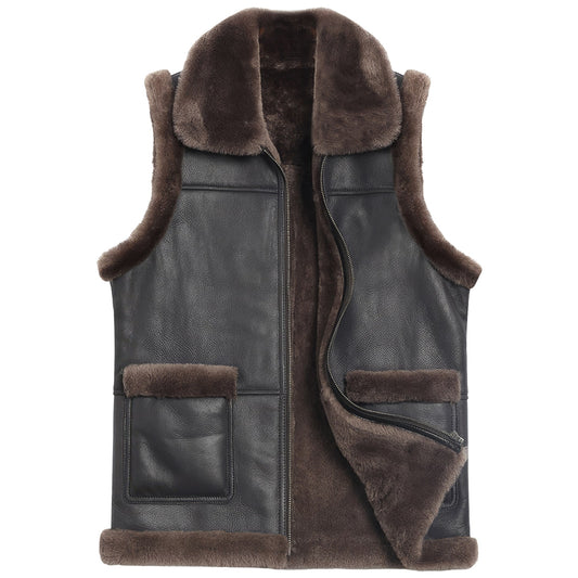 Men’s Coffee Brown Genuine Sheepskin Sherpa Shearling Faux Fur Lined Vest Winter Warm Thick Sleeveless Leather Waistcoat