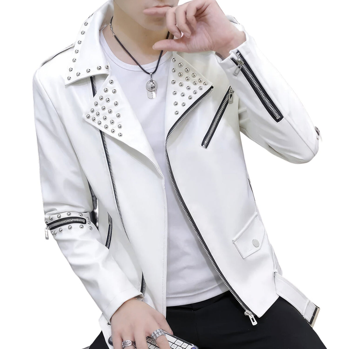 Men’s White Biker PU Faux Studded Causal Slim Fit Cafe Racer Retro Moto Sporty Asymmetric Leather Jacket