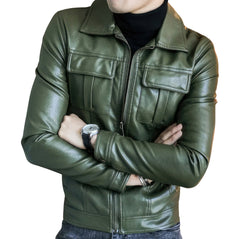 Men’s Green Biker Genuine Sheepskin Shirt Collar Café Racer Retro Zip-Up Casual Slim Fit Moto Rider Smooth Leather Jacket