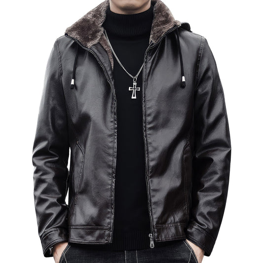 Men’s Black Biker Genuine Sheepskin Sherpa Shearling Faux Fur Lined Removable Hood Drawstrings Motorcycle Rider Slim Fit Leather Jacket