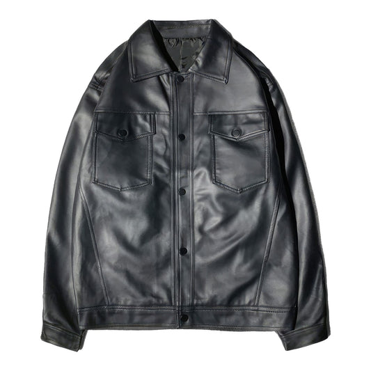 : Men’s Black Genuine Sheepskin Shirt Collar Oversized Street Style Casual Spring Loose Fashion Leather Jacket