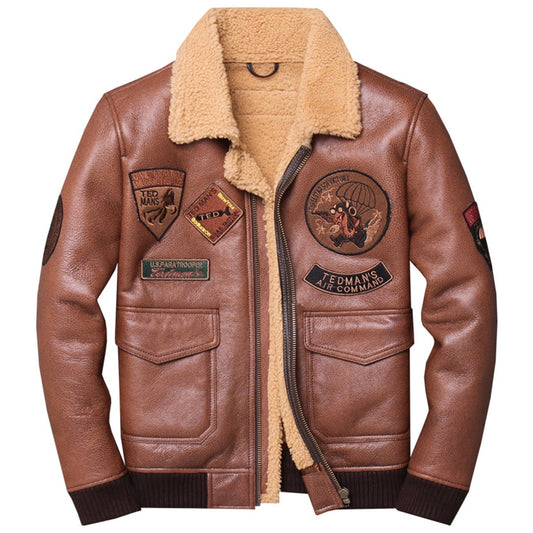 Men’s A2 Aviator Brown Genuine Sheepskin Embroidery Patch Faux Fur Air Force Pilot Military Bomber Leather Jacket