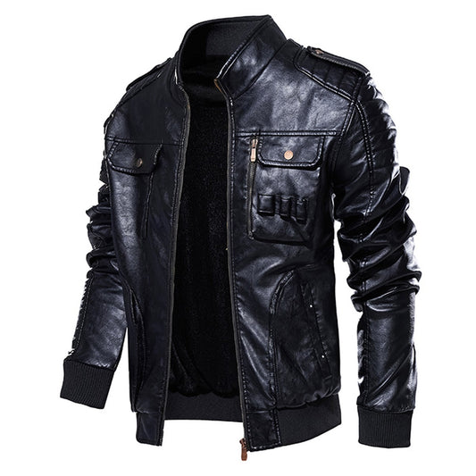 Men’s Black Bomber Biker Genuine Sheepskin Stand Collar Classic Fashionable Outfit Moto Leather Jacket