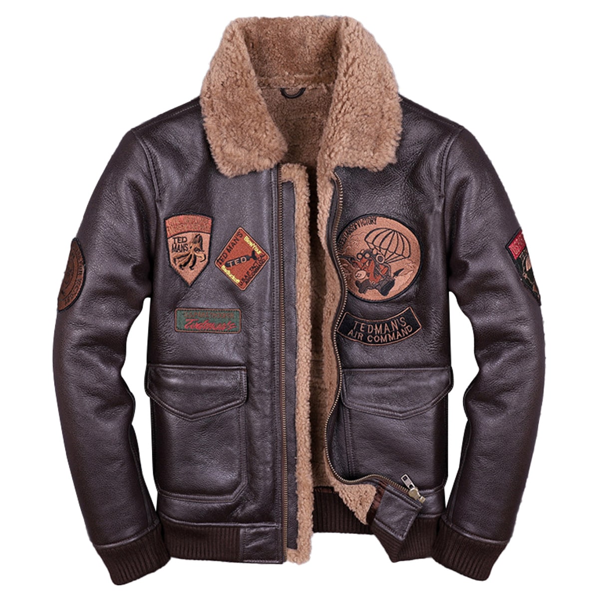 Men’s Brown A2 Aviator Genuine Sheepskin Shearling Faux Fur Lined Turn-Down Collar Air Force Military Biker Warm Winter Leather Jacket