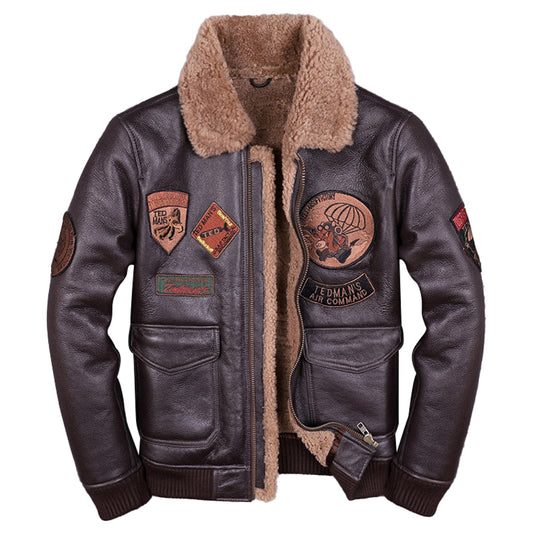 Men’s Brown A2 Aviator Genuine Sheepskin Shearling Faux Fur Lined Turn-Down Collar Air Force Military Biker Warm Winter Leather Jacket