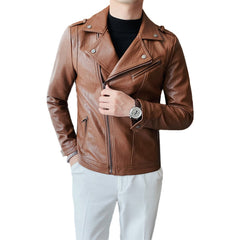 Men’s Brown Moto Biker Genuine Sheepskin Lapel Collar Asymmetric Rider Motorcycle Fashion Leather Jacket