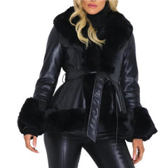 Women's Elegant Winter Warm Belted Casual Fluffy Leather Jacket with Genuine Sheepskin Sherpa Shearling and Faux Fur Trim"