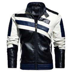 Men’s Black Biker PU Café Racer Stand Collar Striped Black Blue White Toned Outfit Moto Rider Zip-Up Casual Classic Streetwear Slim Fit Faux Leather Jacket