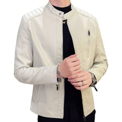 Men’s White Genuine Sheepskin Quilted Shoulders Gentlemen Simple Casual Classic Slim Fit Moto Café Racer Leather Jacket