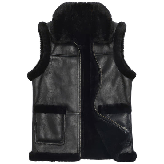 Premium Men's Black Sheepskin Sherpa Shearling Vest: Winter Warmth with Faux Fur Lining