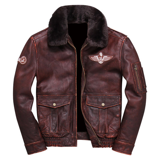 Men's Brown A2 Aviator Sheepskin Sherpa Collar Leather Jacket – Classic Military Style