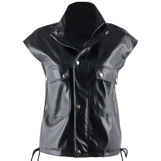 Women’s Black Biker Genuine Sheepskin Stand Collar Sleeveless Vest Moto Café Racer Casual Loose Leather Waistcoat