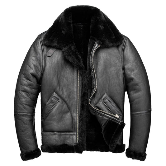 Men's Genuine Lambskin Sherpa Shearling B3 Bomber Jacket - Black, Faux Fur Lined, Air Force Flight Pilot G1 Military WW2 Warm Leather Jacket