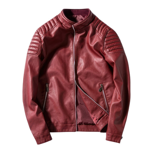 Men’s Red Biker Genuine Sheepskin Quilted Shoulders Smooth Scooter Café Racer Streetwear Slim Fit Leather Jacket