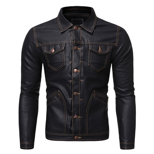 Men’s Black Biker Genuine Sheepskin Stitched Lining Turn-Down Collar Casual Classic Café Racer Fashionable Sporty Scooter Retro Rider Slim Fit Leather Jacket