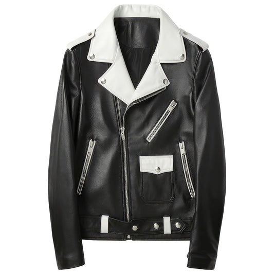 Men's Black Sheepskin Leather Biker Jacket - Lapel Collar, Asymmetric Zip-Up, Slim Fit