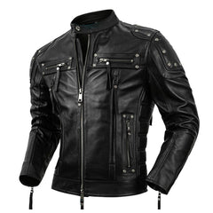 Men’s Black Biker Genuine Cowhide Stand Collar Motorcycle Rider Casual Classic Fashionable Slim Fit Zip-Up Leather Jacket