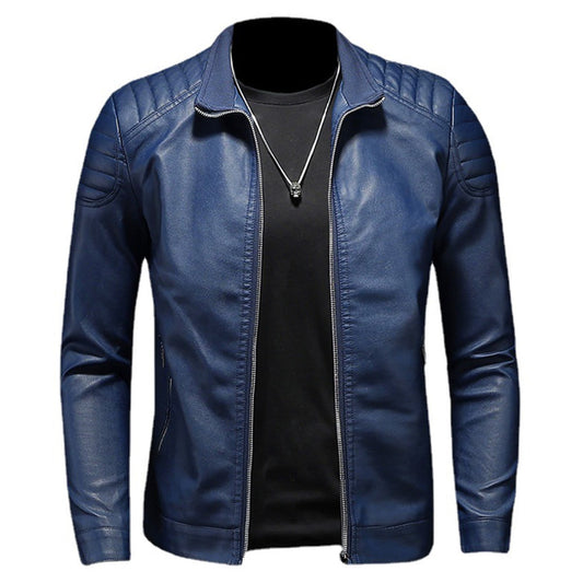 Men’s Blue Biker PU Stand Collar Korean Style Quilted Shoulders Motorcycle Rider Smooth Fashionable Casual Classic Faux Leather Jacket