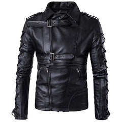 Men’s Laced Military Gothic Black Genuine Sheepskin Racer Classic Fit Biker Leather Jacket