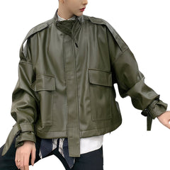 Men’s Army Green Genuine Sheepskin Stand Collar Streetwear Oversized Loose Outfit Bat Sleeve Casual Fashionable Leather Jacket