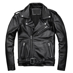 Men's Black Brando Biker Leather Jacket – Genuine Cowhide, Asymmetric Design, Slim Fit