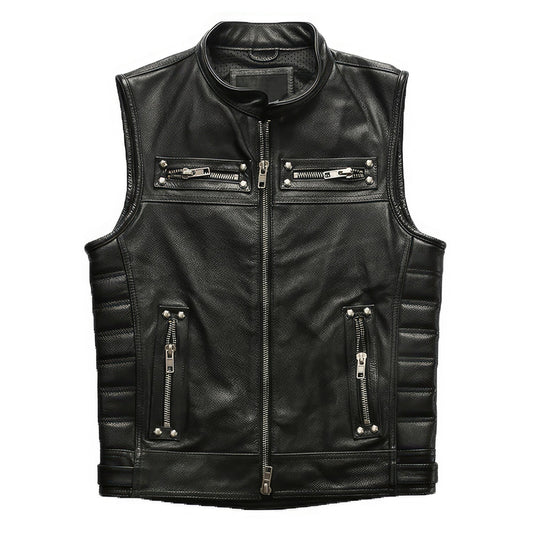 Men’s Biker Black Genuine Cowhide Sleeveless Vest Quilted Zip-Up Moto Lightweight Classic Smooth Slim Fit Leather Waistcoat