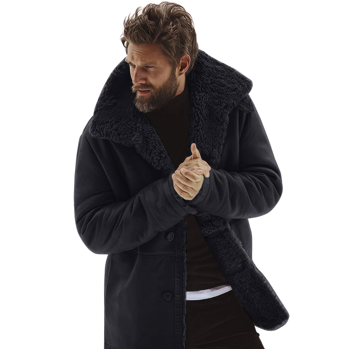 Men’s Black Genuine Suede Sherpa Shearling Faux Fur Lined Winter Warm Single Breasted Fashionable G1 Military Leather Coat