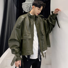 Men’s Army Green Genuine Sheepskin Stand Collar Streetwear Oversized Loose Outfit Bat Sleeve Casual Fashionable Leather Jacket