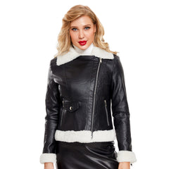 Women’s Black Biker Genuine Sheepskin Sherpa Shearling Faux Fur Moto Café Racer Asymmetric Bomber Leather Jacket