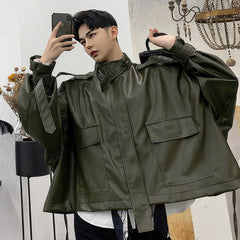 Men’s Army Green Genuine Sheepskin Stand Collar Streetwear Oversized Loose Outfit Bat Sleeve Casual Fashionable Leather Jacket