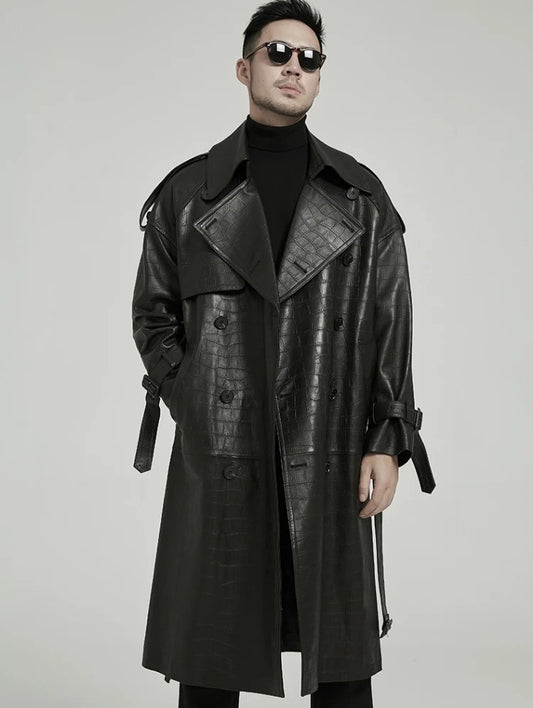 Men's Black Crocodile Print Leather Trench Coat - Double Breasted, Belted Runway Fashion 2024