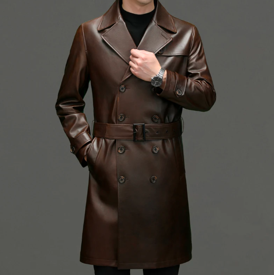 Men's Business Leather Trench: Classic Style in Solid Colors