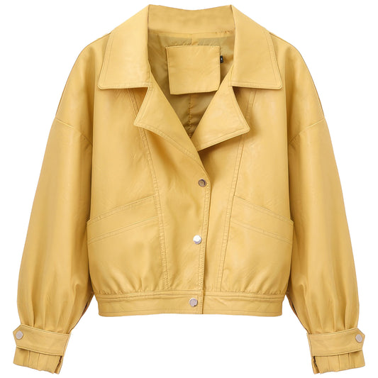 Women’s Yellow Biker Genuine Sheepskin Loose Batwing Sleeves Motorcycle Biker Punk Streetwear Classic Lightweight Leather Jacket