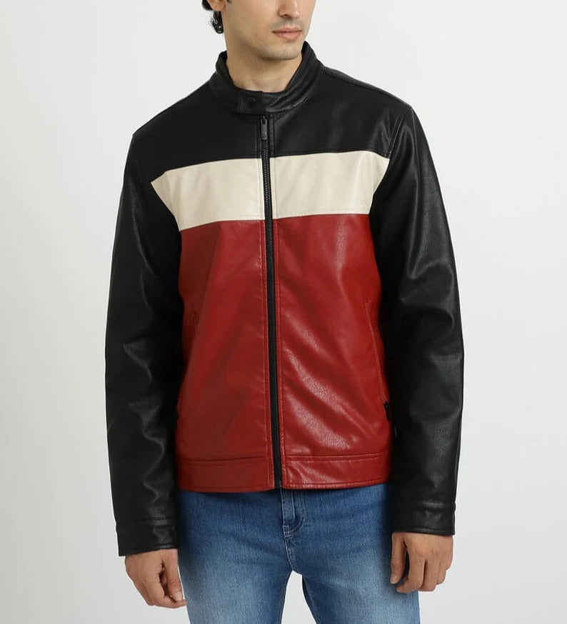 Men's Red, White, and Black Genuine Leather Jacket