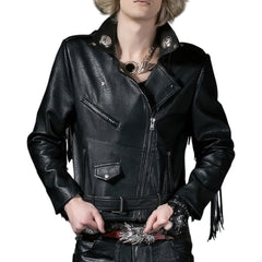 Men’s Black Biker Genuine Sheepskin Cowboy Tassel Western Native American Motorcycle Slim Fit Fringe Leather Jacket