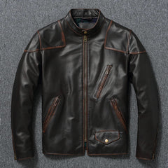 Men's Vintage Cowhide Leather Motorcycle Jacket - Retro Standing Collar Design