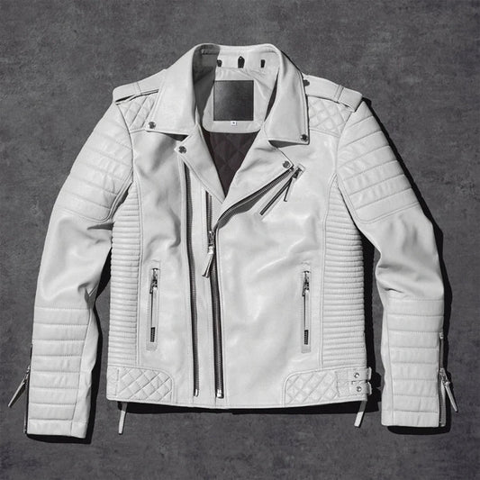 Men's White Biker Leather Jacket - Motorcycle Style White Leather Jacket