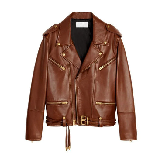 Women's Sheepskin Leather Double Belt Motorcycle Jacket with Zipper