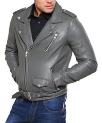 Men's Grey Casual Motorcycle Biker Leather Jacket