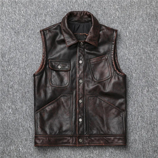 Men's Genuine Leather Dark Brown Vintage Cowhide Motorcycle Vest