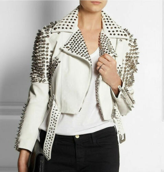 Trendy Style Women's Full White Punk Brando Spiked Studded Leather Jacket