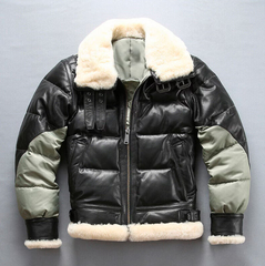 Men's Streetwear Puffer Bomber Leather Jacket with Sheepskin Turn Down Fur Collar