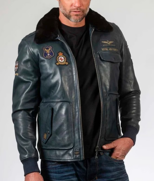 Royal Air Force Aviator Maverick Leather Jacket with Removable Fur Collar for Men