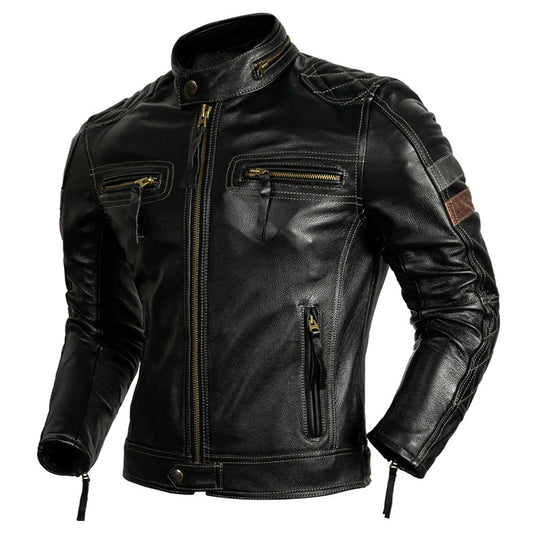 Men’s Black Biker Genuine Cowhide Stand Collar Multi-Zippers Moto Rider Classic Leather Jacket