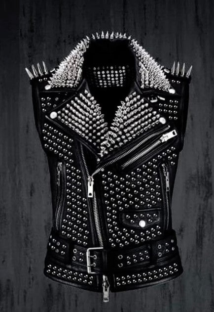 Men's Handmade Spiked Punk Bikers Leather Vest Jacket with Belt