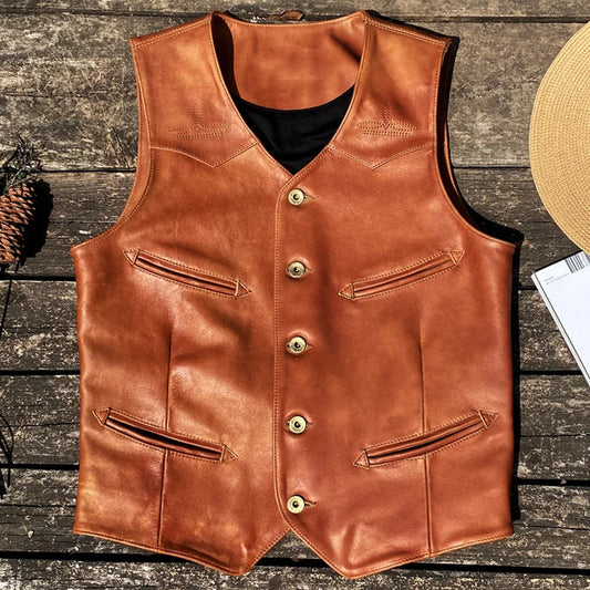 Men's Genuine American Cowhide Leather Summer Vest - Workwear Waistcoat