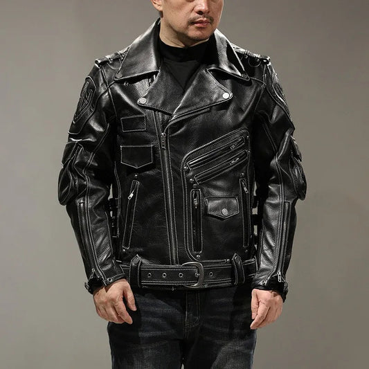 Men's Punk Style Genuine Cowhide Leather Motorcycle Jacket with Pockets