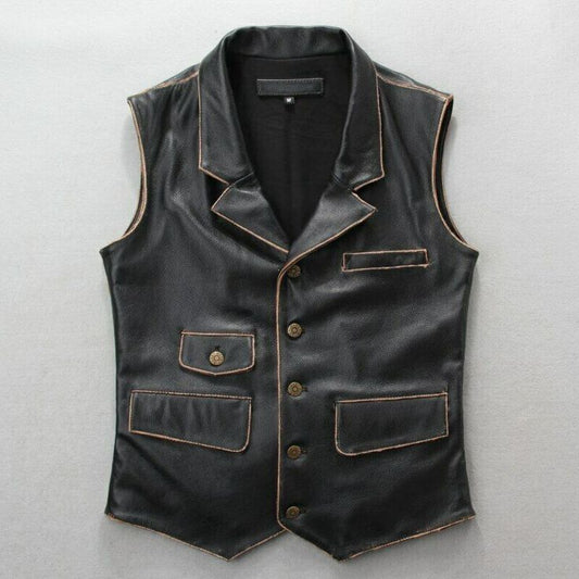 Men's Distressed Black Leather Motorcycle Vest - Real Leather Biker Vest